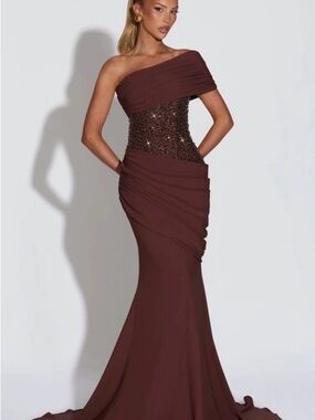 One-Shoulder Chocolate Brown Evening Gown with Sequin Waist